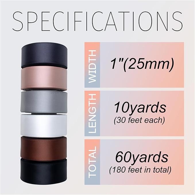 Black and White Satin Ribbon 1 Inch Wide Gray Brown Silver Vanilla Ribbon Assorted Solid Color Double Faced Satin Ribbon for Wedding Flower Bouquet Wrapping Gift Wrapping Hair Bows Crafts