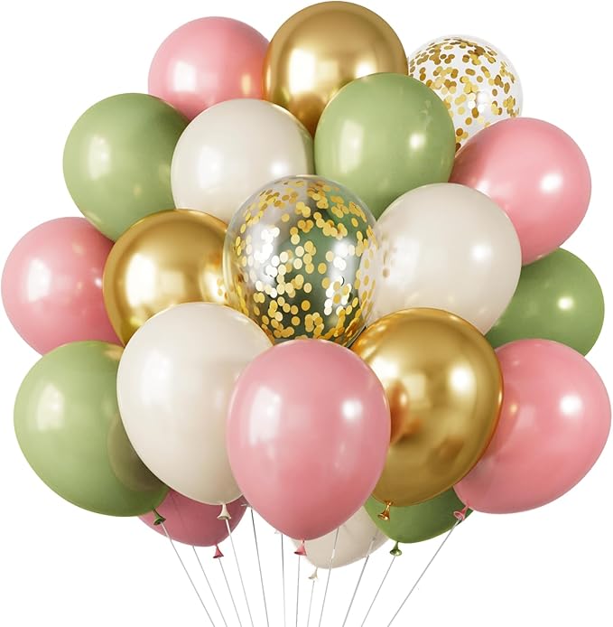 RUBFAC Pink and Sage Green Balloons, Party Easter Balloons Metallic Gold Confetti Balloon for Fairy First Birthday Tea Party Decorations