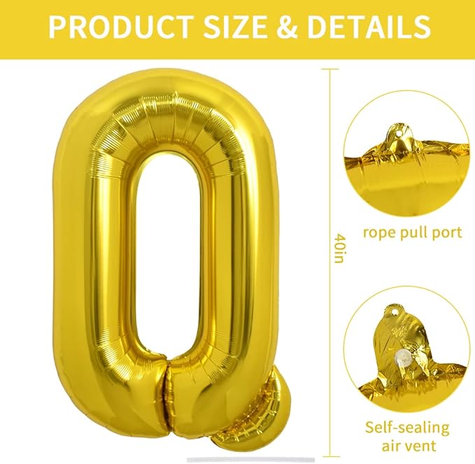 TONIFUL 40 Inch Large Gold Letter Q Balloons Helium Balloons,Foil Mylar Big Balloons for 2026 New Year Eve Graduation Wedding Baby Shower Birthday Party Anniversary Supplies Decorations