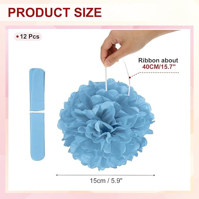 PATIKIL 6inch Tissue Paper Pom Poms, 12PCS Pom Poms Paper Flowers Ball Tissue Paper Flowers for Wedding Bridal Shower Birthday Bachelorette Party Backdrop Decoration, Lake Blue