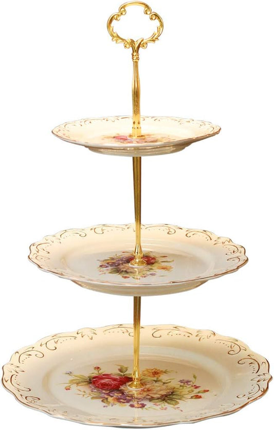 YOLIFE Flowering Shrubs 3 Tiered Cupcake Stand, Emboss Golden Leaves Edge Pastry Tower, 6-8-10 inch