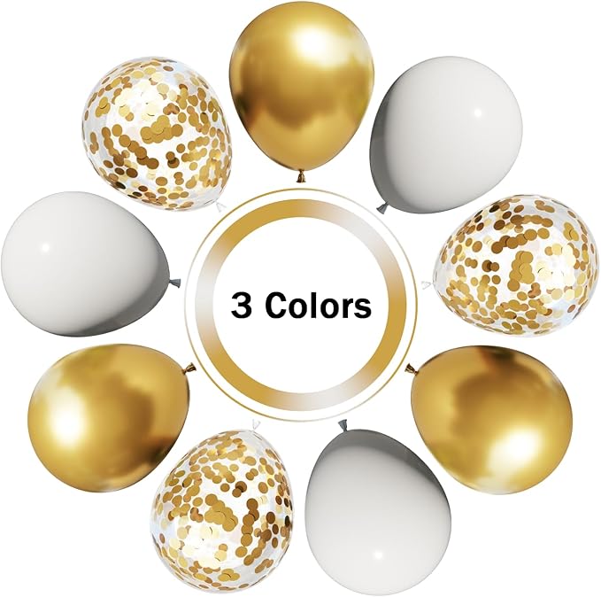 White and Gold Balloons Arch Kit, 131Pcs Gold Latex Balloons Different Size, Gold and White Balloons for Wedding, Engagements, Birthday, Bridal Shower, Anniversary