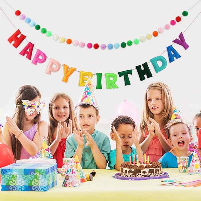 Pre-Strung Happy Birthday Banner,Felt Ball Garland HAPPY BIRTHDAY Pennant Flag,Colorful Rainbow-Birthday Decorations, Multicolor BuntingTriangle Flags,Party Decor,Photo Prop(43 Pcs)