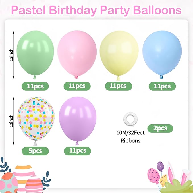 Pastel Balloons Set, 60PCS Macaron Light Pink Yellow Green Blue Purple Balloon, 12 Inch Colorful Confetti Balloons Rainbow Helium for Girls Easter Birthday Wedding Baby Shower Party Decorations