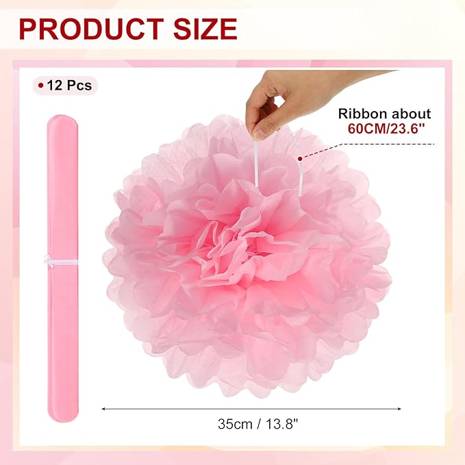 PATIKIL 14inch Tissue Paper Pom Poms, 12PCS Pom Poms Paper Flowers Ball Tissue Paper Flowers for Wedding Bridal Shower Birthday Bachelorette Party Backdrop Decoration, Pink