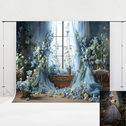 Kate Blue Flower Curtain Window Room Backdrop Romantic Retro Wedding Birthday Background for Photography 7x5ft