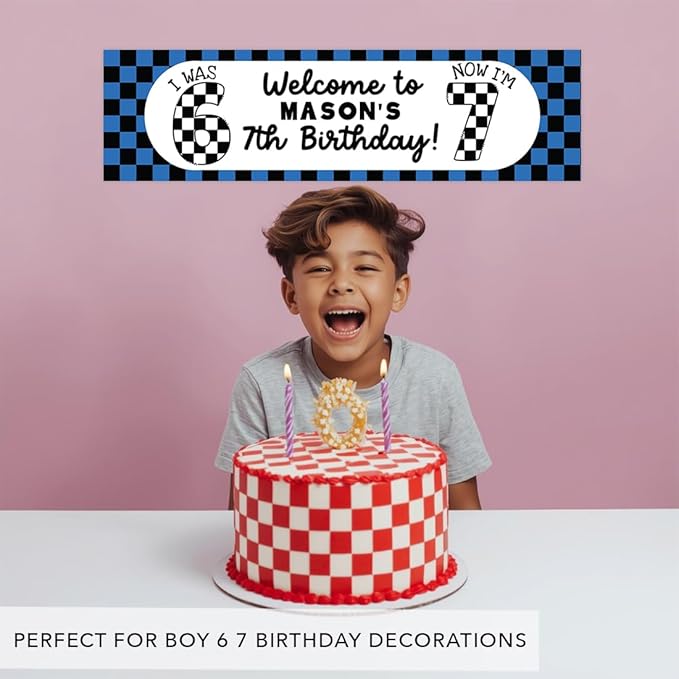 Andaz Press 13x48 Inch Custom 6 7 Birthday Banner Decorations, Personalized Birthday Banner with Custom Name, Blue Checkered Theme 67 Happy Birthday Party Banner for Boys, Home or Party Décor
