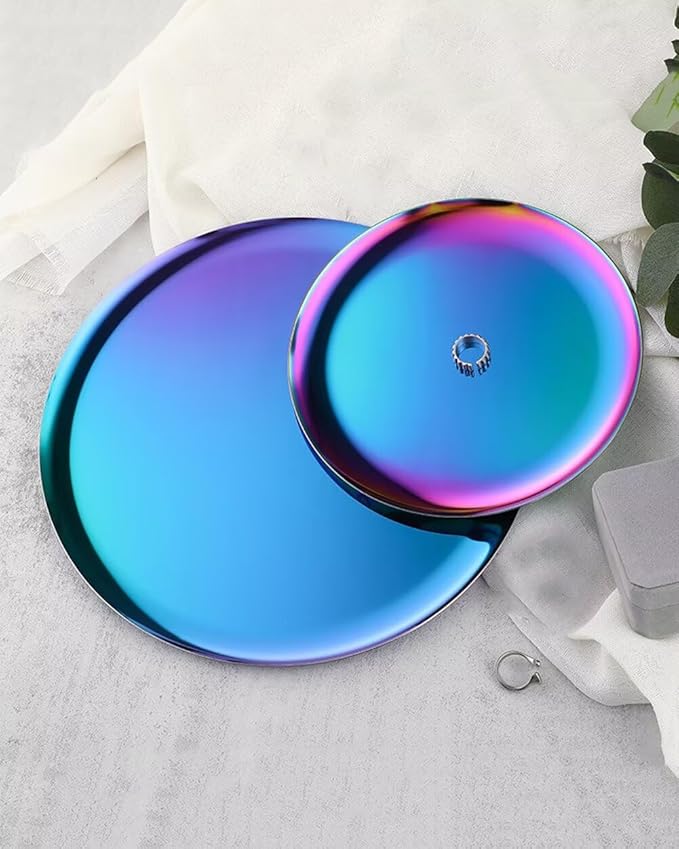 7.9in Round Serving Tray, Stainless Steel Decorative Metal Tray for Coffee Table, Vanity, Perfume, Jewelry, and Entryway Catchall Organizer Laser