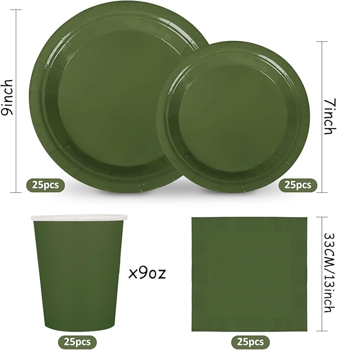 Whaline 100Pcs Olive Green Tableware Set Wedding Disposable Dinnerware Set 50Pcs Paper Plates 25Pcs Napkin 25Pcs Cups for Birthday Bride Shower Party Supplies Table Decorations