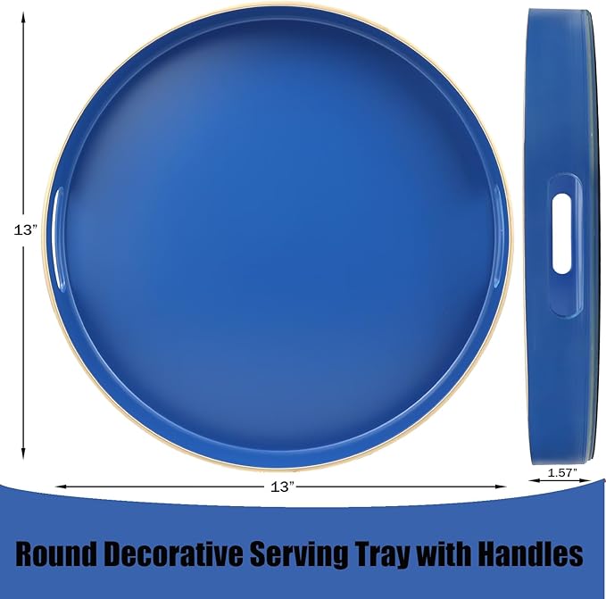 Royal Blue Round Decorative Tray with Handles, 13" Versatile Serving Tray for Coffee Table, Ottoman, Ideal for Serving, Displaying, Organizing