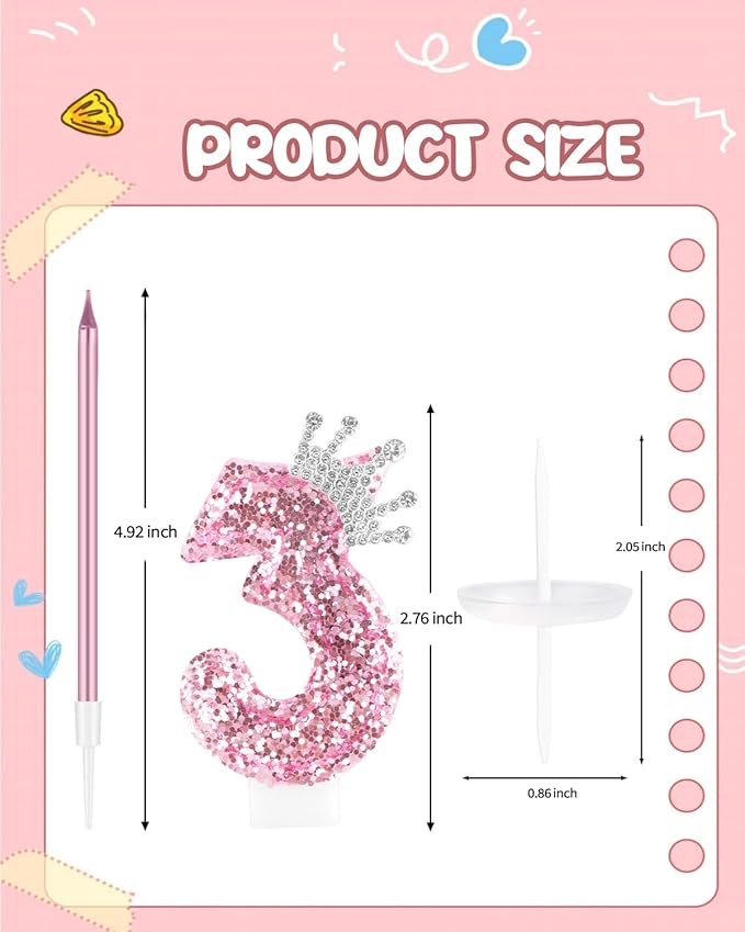 Birthday Candles for Cake, Pink Number Candles, Cake Candles with Greeting Card for Birthday Party Wedding Anniversary Celebrations (3 Candle, Silver Crown)