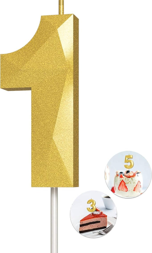 Number Birthday Candles(1 Candle Gold) 3D Diamond Shape Number Happy Birthday Cake Candles for Birthday Party Wedding Decoration Reunions Theme Party