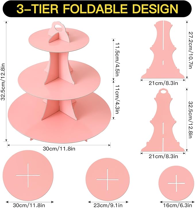 Soleebee 3-Tier Round Cupcake Stand, Cardboard Cupcake Tower, Dessert Cup Cake Stand Tower for Birthday Wedding Party Decoration, Cupcake Tier Stand 2 Set (Pink)