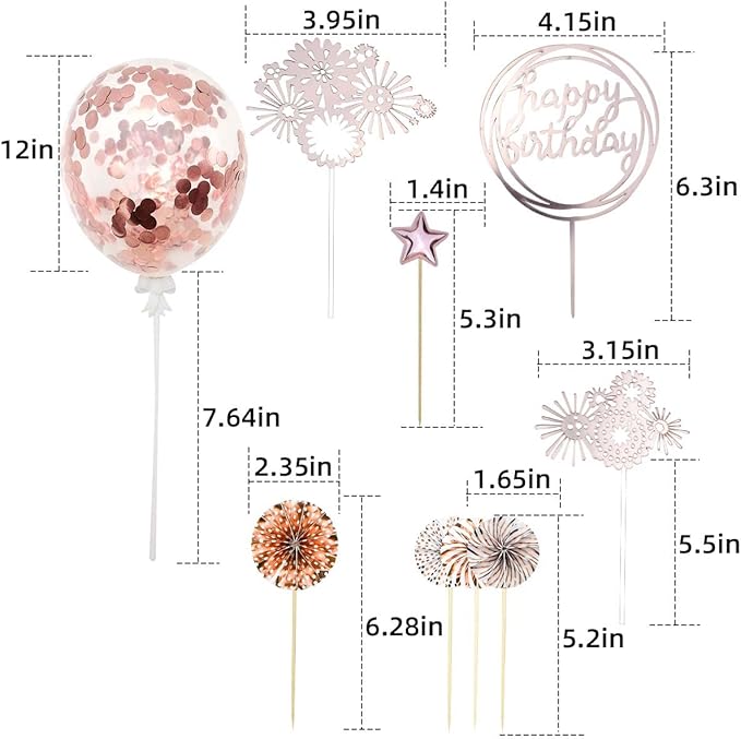 Cake Topper Decoration Set Acrylic Glitter Happy Birthday Cake Topper with Confetti Balloon Paper Fans Firework Cupcake Toppers for Rose Golden Theme Decor Women Birthday Party Supplies (Rose Gold)