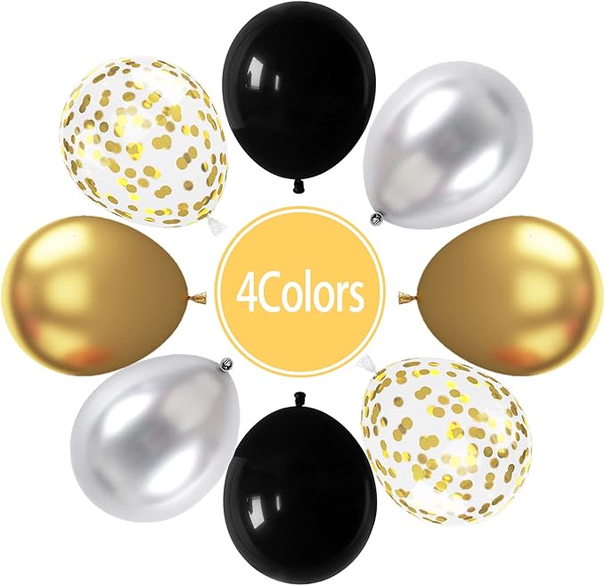 Paready Black and Gold Balloons, 60 Pcs 12 Inch Gold Confetti Balloon, Latex Party Balloons with Ribbons for Birthday Graduation Black Silver Party Wedding Engagement Anniversary Festival Decoration