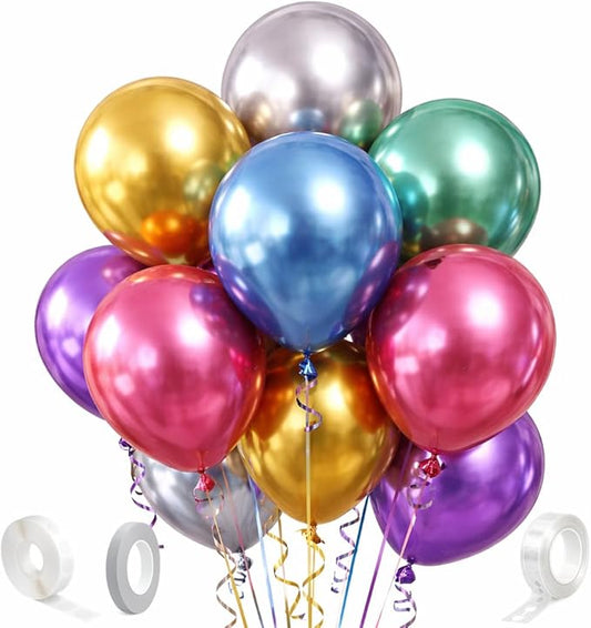 Chrome Metallic Balloons 12 Inch – 100 Pack Assorted Multicolor Latex Balloons for Balloon Arch, Birthday Party, Baby Shower, Wedding Decorations with Ribbon & Glue Dots