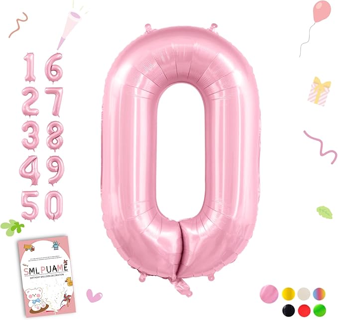 Pastel Pink 0 Balloon Numbers, 40 Inch Large Light Pink Foil Number Balloons 0-10, Self-Sealing Birthday Balloon for Girls Women Anniversary Graduation New Year Party Decoration Supplies