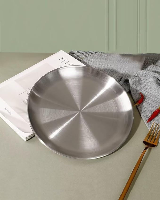 7.9in Round Silver Serving Tray, Stainless Steel Decorative Metal Tray for Coffee Table, Vanity, Perfume, Jewelry, and Entryway Catchall Organizer