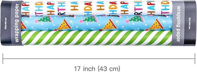 WRAPAHOLIC Mini Birthday Wrapping Paper Rolls - 3 Rolls, 17 Inch X 120 Inch Each - Happy Birthday Lettering and Stripe for Kids, Baby Shower