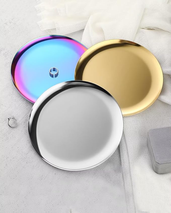 7.9in Round Serving Tray, Stainless Steel Decorative Metal Tray for Coffee Table, Vanity, Perfume, Jewelry, and Entryway Catchall Organizer Laser