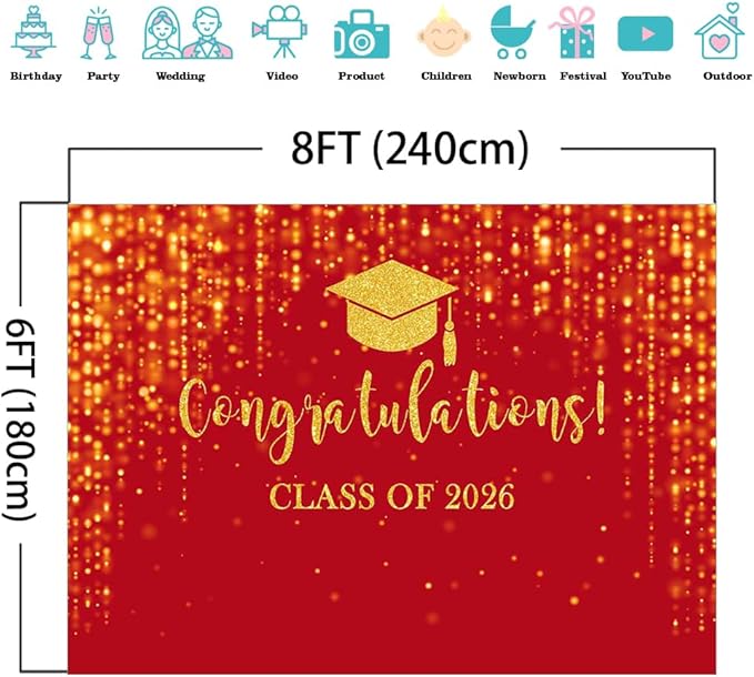 Mocsicka Class of 2026 Backdrop Red Gold Glitter Bokeh Graduation Party Background 2026 Congrats Grad Prom Party Cake Table Decoration Photo Booth Props (8x6ft)