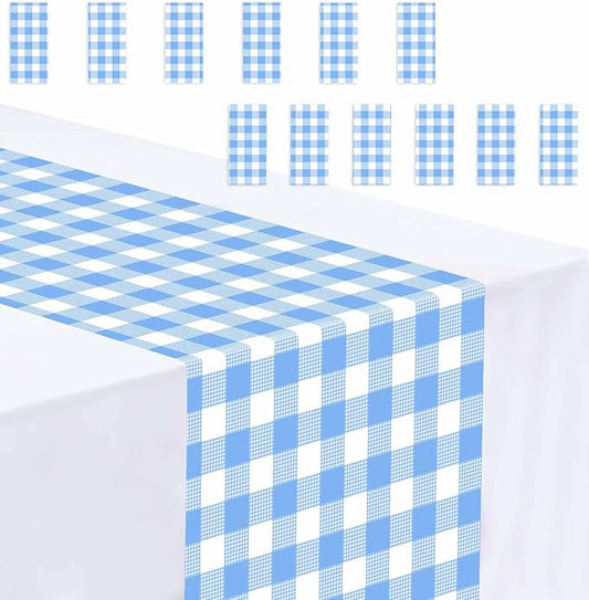 12 Pcs Light Blue and White Checkered Table Runner Plastic 14 x 108 Disposable Baby Blue Gingham Table Runner for Birthday Wedding Baby Shower Party Table Centerpiece Decorations