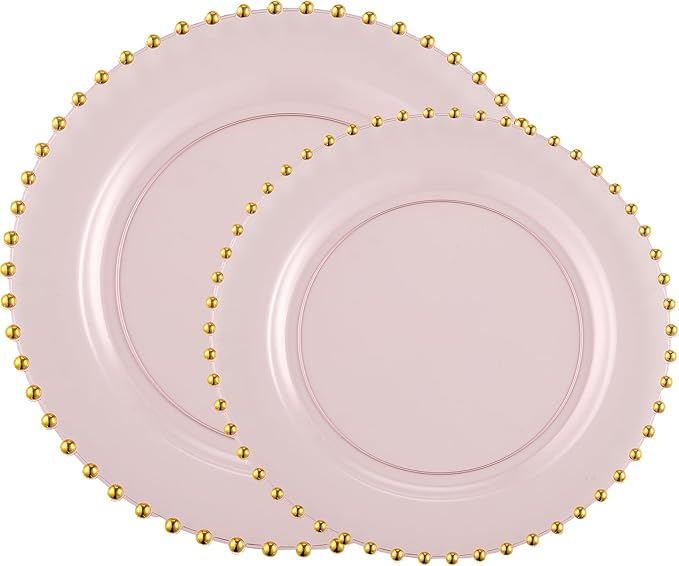 PLASTICPRO 32 Piece Combo Plastic Dinner Plates Disposable Plastic Fancy Heavy Duty Party Dishes 7 inch and 10 inch, Translucent Pink and Gold Beaded