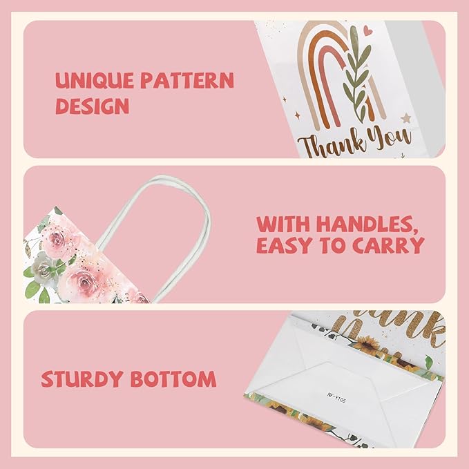 20Pcs Thank You Gift Bags with Handles, 8.2" x 5.8"x3.15" Flower Design Kraft Paper Gift Bags, Party Favor Bags for Wedding Birthday Shower Thanksgiving