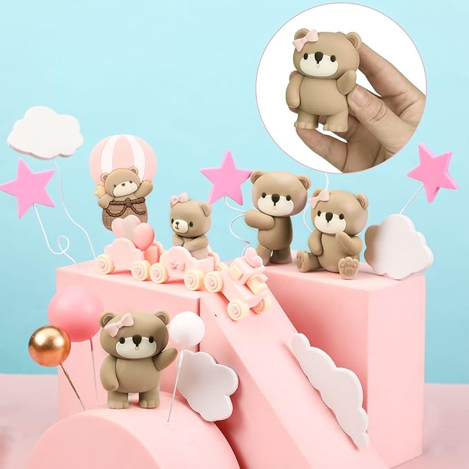 Yinder Bear Cake Toppers Mini Bear Cake Decorations Cake Toppers Gold White Pearl Ball for Birthday Party Decorations(Pink, Brown,Vivid Style)