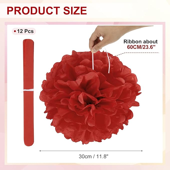 PATIKIL 12inch Tissue Paper Pom Poms, 12PCS Pom Poms Paper Flowers Ball Tissue Paper Flowers for Wedding Bridal Shower Birthday Bachelorette Party Backdrop Decoration, Red