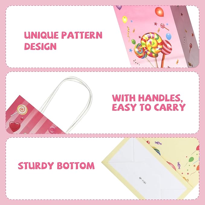 20Pcs Candyland Goodie Bags with Handles, Candy Party Favors Bags, Lollipop Paper Gift Bags, Sweet Candy Party Treat Gift Bags for Kids Birthday Baby Shower Wedding Party Supplies