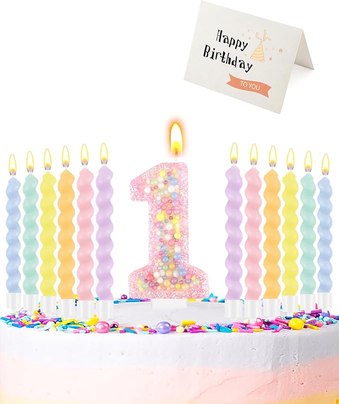 Birthday Candles for Cake, Macaron Number Candles, Cake Candles with Greeting Card for Birthday Party Wedding Anniversary Celebrations (1 Candle)