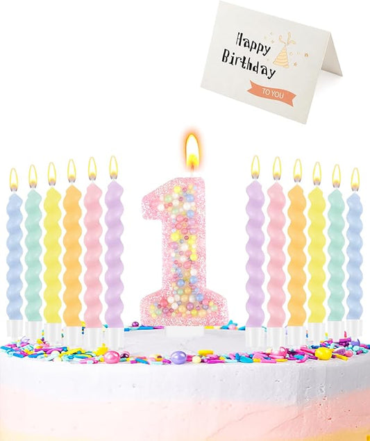 Birthday Candles for Cake, Macaron Number Candles, Cake Candles with Greeting Card for Birthday Party Wedding Anniversary Celebrations (1 Candle)