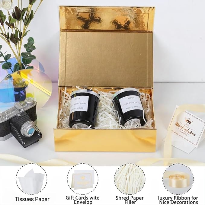 UoeRing 1 Pcs Gold Gift Box 9.5x6x3 inch Small Luxury Gift Box for Presents with Magnetic Lid Collapsible,Birthday,Christmas,Contains Card, Ribbon, Tissue Paper,Shredded Paper Fille