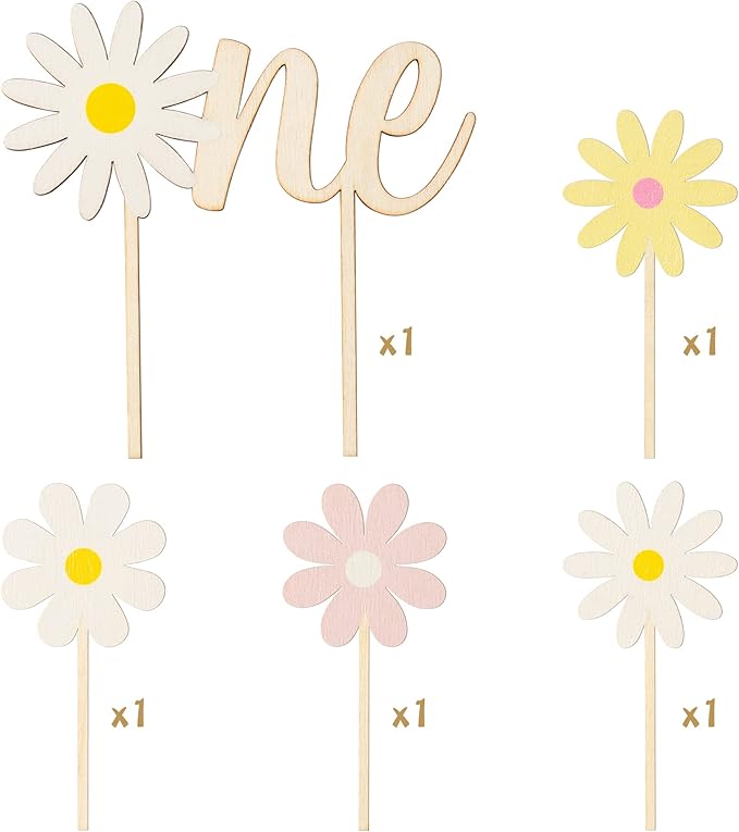 Daisy ONE Cake Topper - 5 Pcs Wood Painted Colorful Boho Groovy Daisy Flower Dessert Cupcake Topper Food Safe Cake Picks Cheers Decorations Featuring Baby Shower Kids Birthday Party Supplies