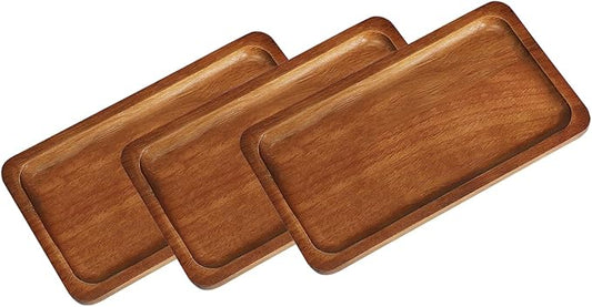 Small Wooden Tray (7.5 x 4.1 inch) 3 Pack, Rectangular Mini Serving Tray for Coffee Tables, Dessert, Snack, Fruit, Acacia Wood Platter for Vegetable, Decor Restaurant
