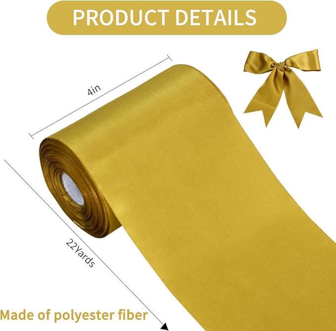 TONIFUL 4 in x 22Yds Wide Dark Gold Satin Ribbon Solid Fabric Large Ribbon for Cutting Ceremony Kit Grand Opening Chair Sash Table Hair Car Bow Sewing Craft Gift Wrapping Wedding Party Decoration