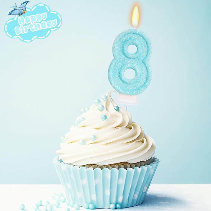 Blue Birthday Candles - Number 8 Candle for 8th Birthday Decorations for Girls, Sky Blue Cake Decorations Sweet Theme Party Supplies