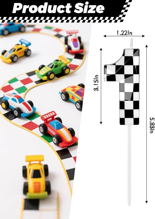 Number 1 Racing Cars Birthday Candles,2.68 Inch Black White Checkered Birthday Number Candles, Cool Racing Themed Number Candles for Boys and Girls, Kids Race Car Themed Party Decorations Supplies