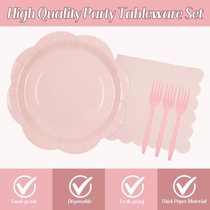75 PCS Pink Paper Plates and Napkins Party Supplies, LightPink Scalloped Plates Napkins Forks Disposable Tableware Set for Bridal Baby Shower Wedding Birthday Party Decorations (Pink)