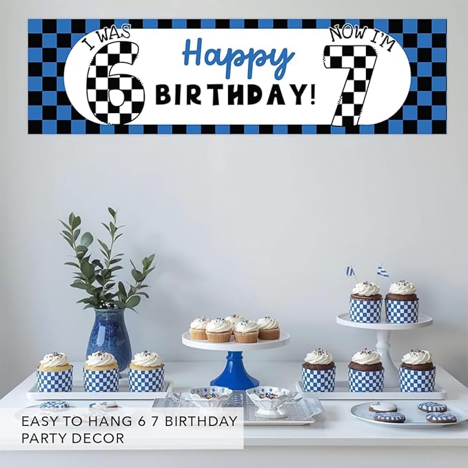 Andaz Press 13x48 Inch 6 7 Birthday Banner Decorations, I Was 6 Now I'm 7 Birthday Banner Blue Checkered 67 Happy Birthday Party Banner for Boys or Girls, Home or Party Decor Backdrop Sign