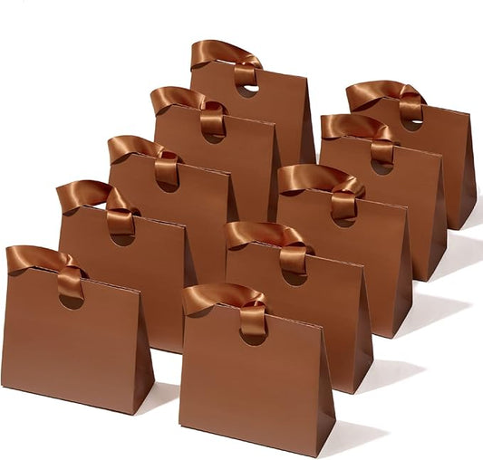 Vitalizart Paper Gift Bags With Ribbon Handles Set of 10 Brown Bulk Reusable For Gift Wrap Girls Kids Birthday Bridal Shower Party Favors Goodie Bags Candy Toys Christmas 7.87"x3.54"x7.09" Small Size