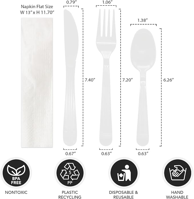 Party Essentials Individually Wrapped Heavy Duty Plastic Utensil Kits, 50 Sets for Party Catering, Fork/Spoon/Knife/Napkin, White