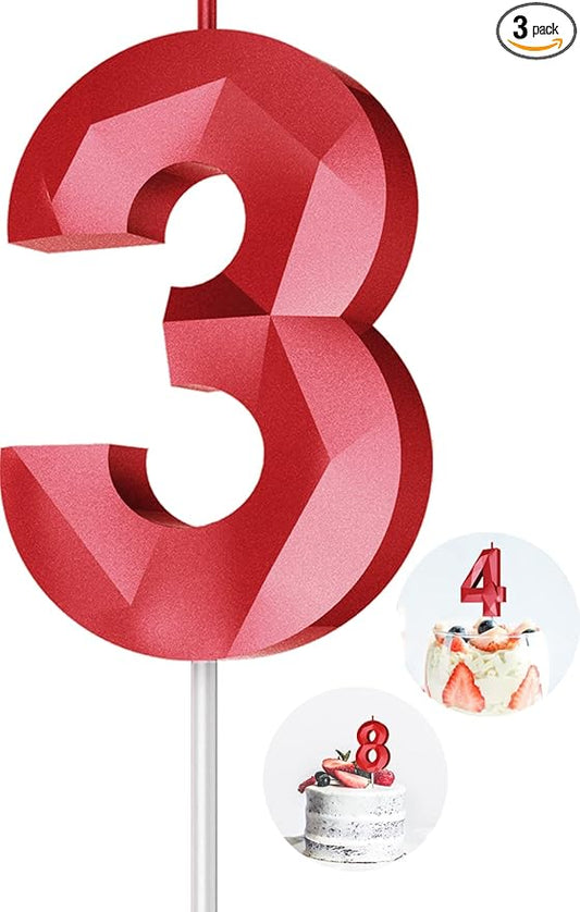 Number Birthday Candles(3 Candle Red) 3D Diamond Shape Number Happy Birthday Cake Candles for Birthday Party Wedding Decoration Reunions Theme Party