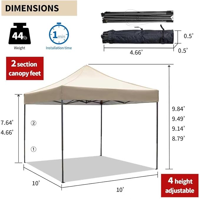 10x10 Pop up Canopy Tent with Sidewalls,Heavy Duty Waterproof Sun Shade Canopy Easy up Canopy with Wheel Bag Commercial Gazebo Tent for Outdoors Parties Vendors Camping Beach (Khaki)
