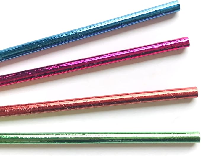 100 pcs Mixed Biodegradable Colorful Party Paper Straws, Colored Pure Plain Hot Pink Blue Red Green Foil Rainbow Drinking Straws Bulk, Holiday Birthday Wedding Cake Pop Sticks (Solid Metallic)
