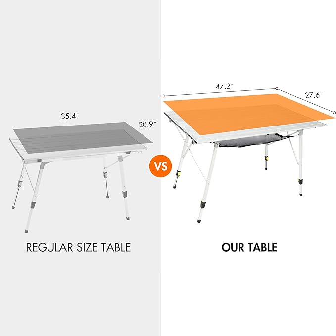Portal Camping Table Portable Foldable with Adjustable Legs, Aluminum Folding Table Roll Up Table with Carrying Bag for Outdoor, Beach, Picnic, Backyards, BBQ and Party, Silver, Big