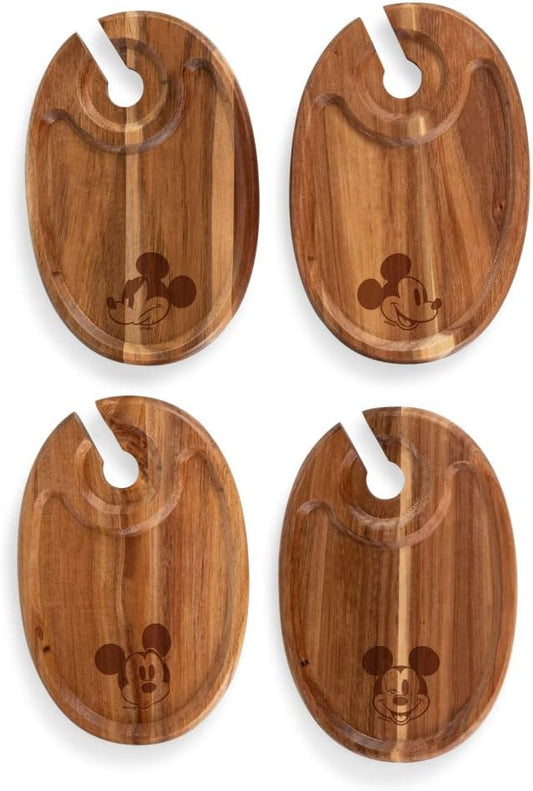 PICNIC TIME Disney Mickey Mouse Wine Appetizer Plate Set of 4 with Glass Holder, Acacia Wood Cocktail Plates for Cheese Charcuterie and Entertaining with Cutout Wine Slot, (Acacia Wood)