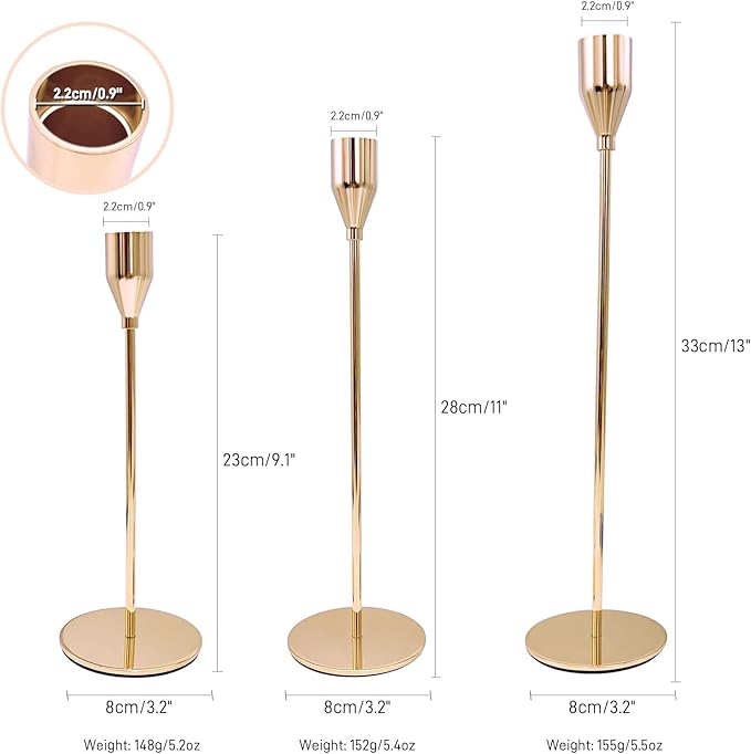 Candlestick Holders, Set of 3 Taper Pink Gold Candle Holder Decor for Date, Festival, Wedding, Party, Dinning or Anniversary, Fit 3/4" Thick Pillar Candles & Led Candles