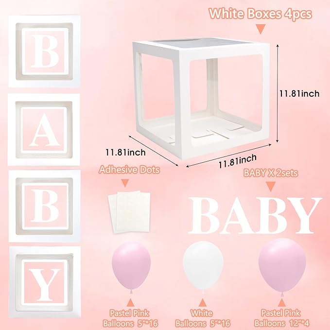 Voircoloria Baby Shower Decorations, 4pcs Transparent Balloon Boxes with Letters, 36Pcs Pink & White Balloons, Reusable, Unisex, for Gender Reveal Party